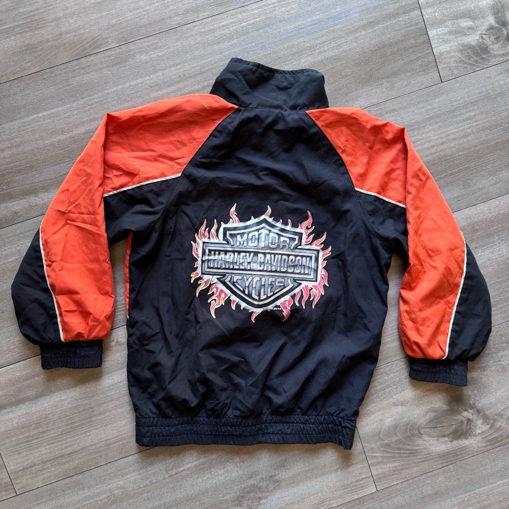 Vintage Harley Davidson Kids Zip Up Windbreaker Jacket Size 7 Black Orange